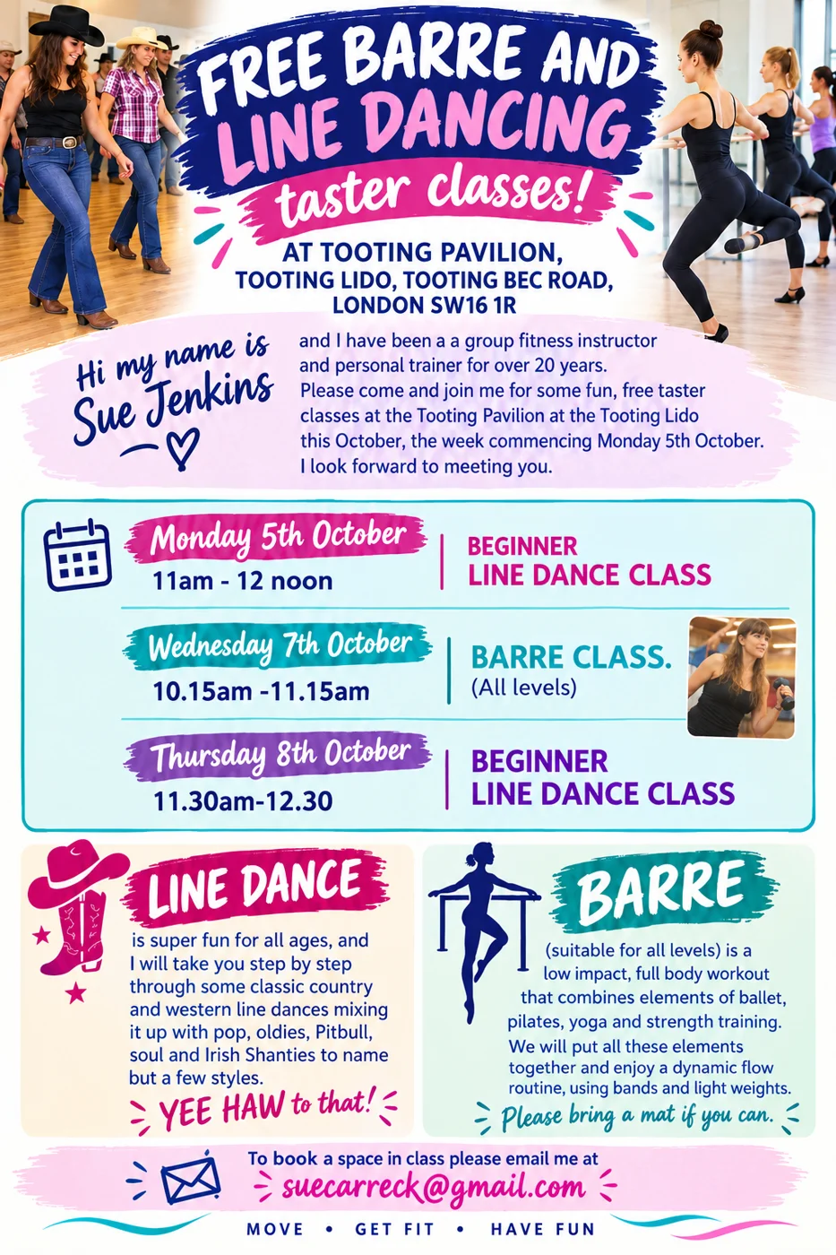 Poster for free barre and line dancing taster classes at Tooting Pavilion, Tooting Lido, on 5, 7 and 8 October